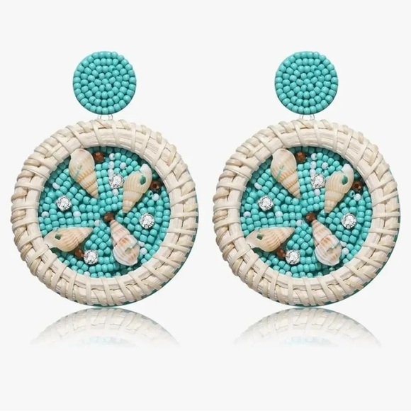 Bohemian Beach Circle Seashell Rattan Earrings Brand New - Picture 3 of 7